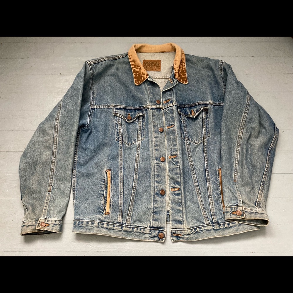 Vintage Arizona Jeans worn men’s large denim jacket with learn collar